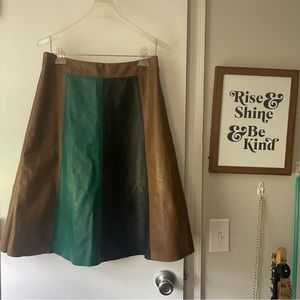 Vintage Styled A-Line Colorblock Leather MIDI Skirt